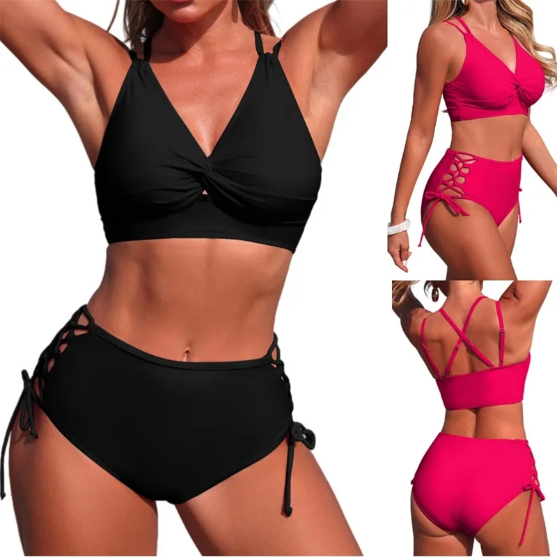 

Two Pieces Women Bikini Swimsuit Set V-Neck Push Up Mid-Waist Swimwear Crisscross Drawstring Tummy Control Bathing Suit 2026