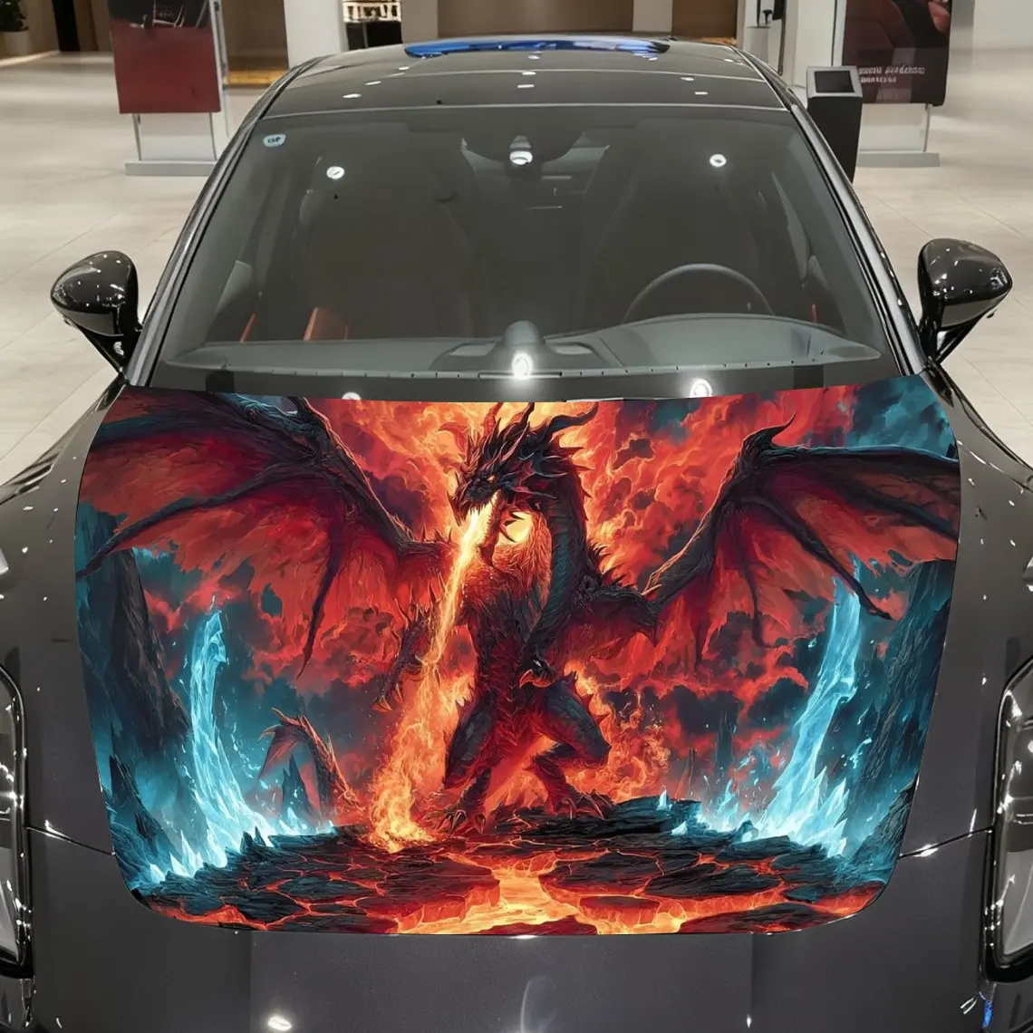 

Dark Dragon Spitting Dual-Color Energy in Volcanic Purgatory Car Vinyl Wrap, PVC Material Waterproof Car Hood Sticker, Self-Adhe