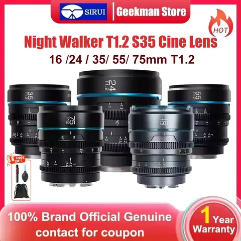 SIRUI NightWalker 24mm 35mm 55mm 16mm T1.2 S35 Night Walker Cine Lens For Sony E Fuji X Canon RF Red komodo RF Lumix MFT M4/3