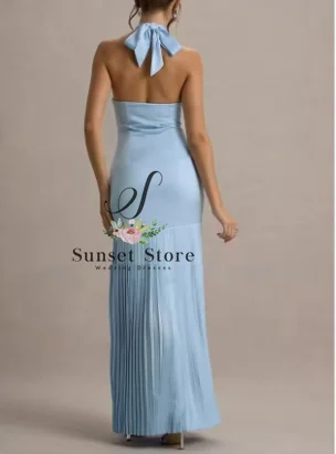 Customized Blue Floor-Length Satin Evening Dress Halter Sleeveless Prom Dress 2025 Pleated A-line Party Dress