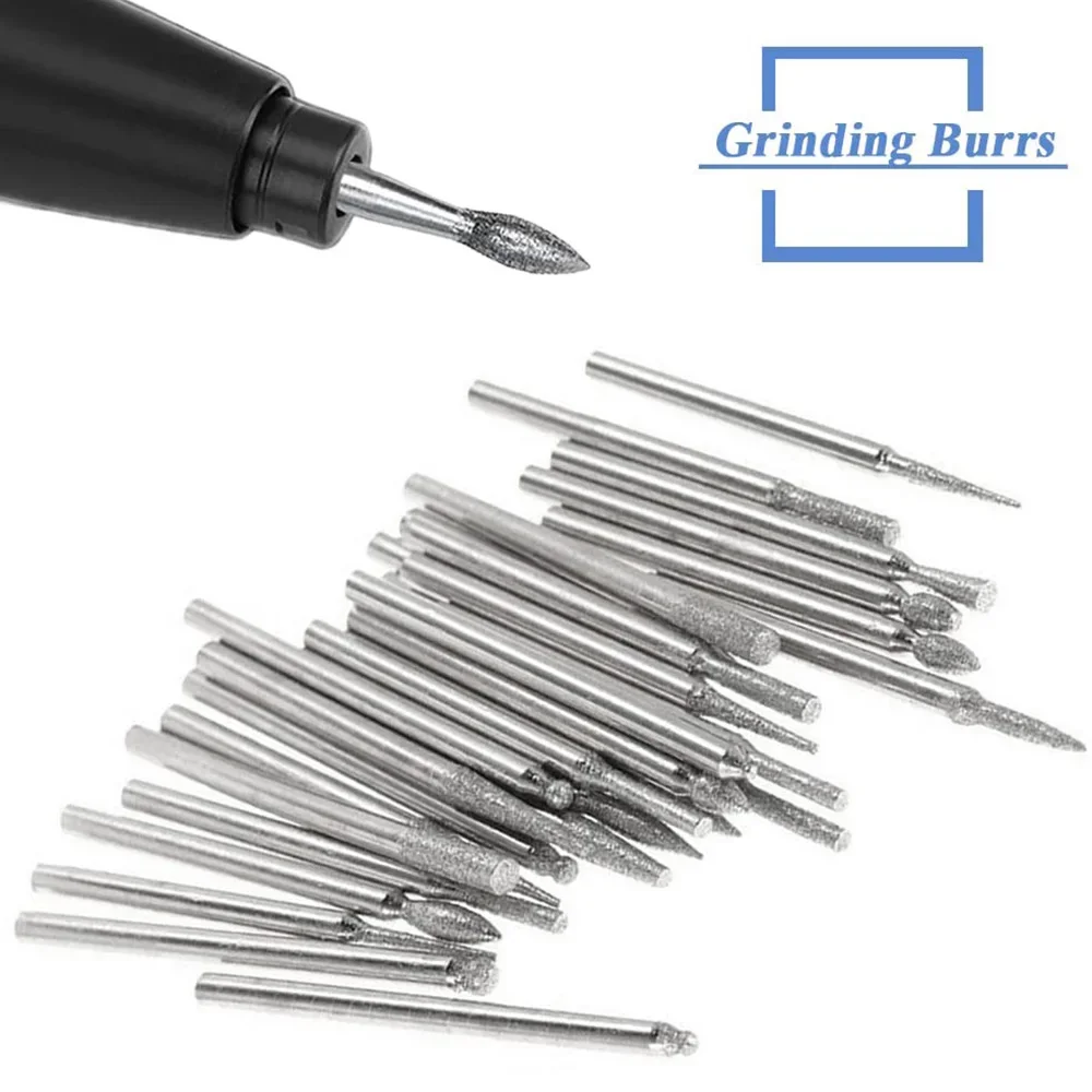 STONEGO 30Pcs Diamond Grinding Burr Needle Point Engraving Carving Polishing For Glass Jade Stone 2.35/3mm Drill Bit Rotary Tool