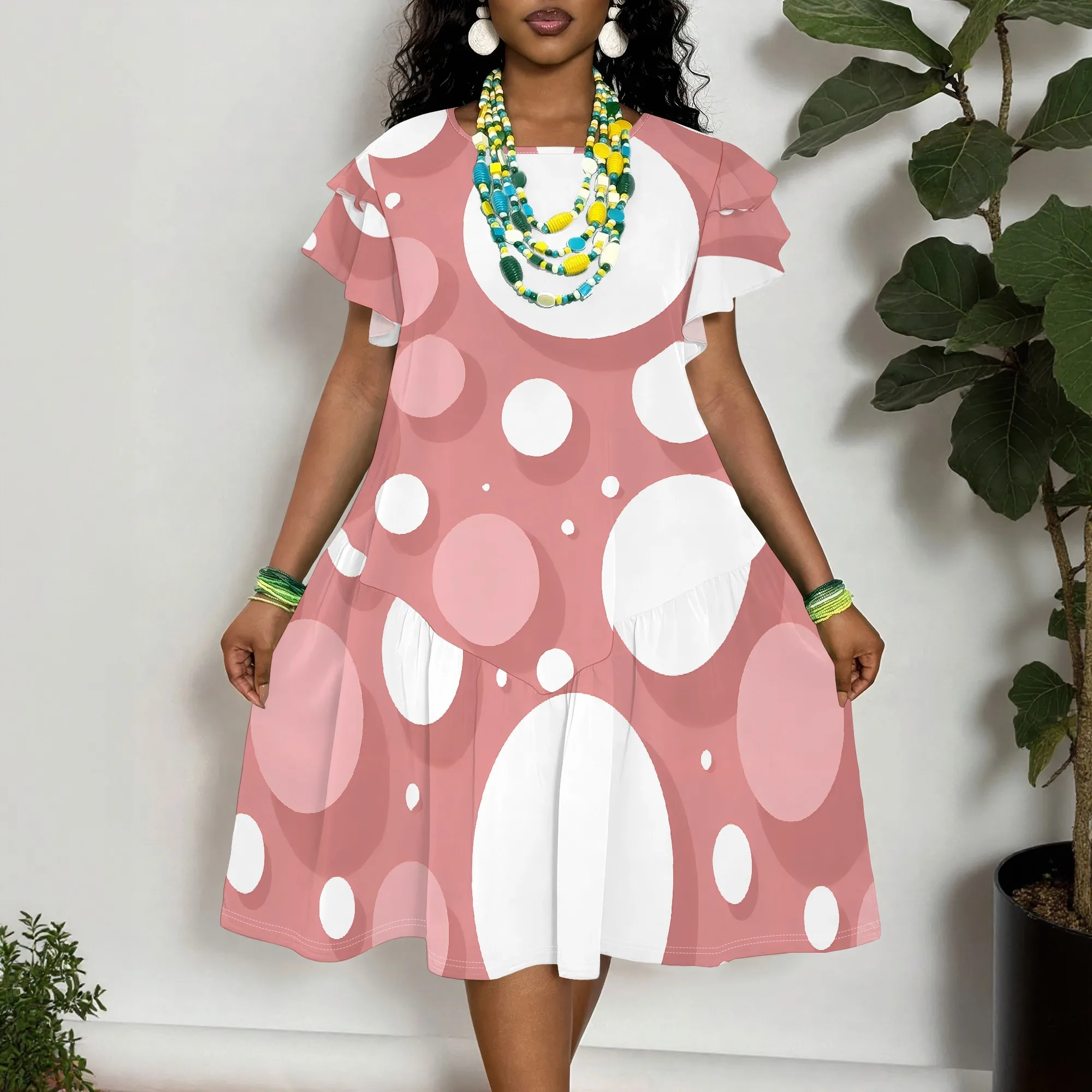 Pink Polka Dot Print Dress, Short Sleeve Summer Dress, Casual A-Line Swing Dress, Loose Fit Vacation Dress for Women XL-6XL