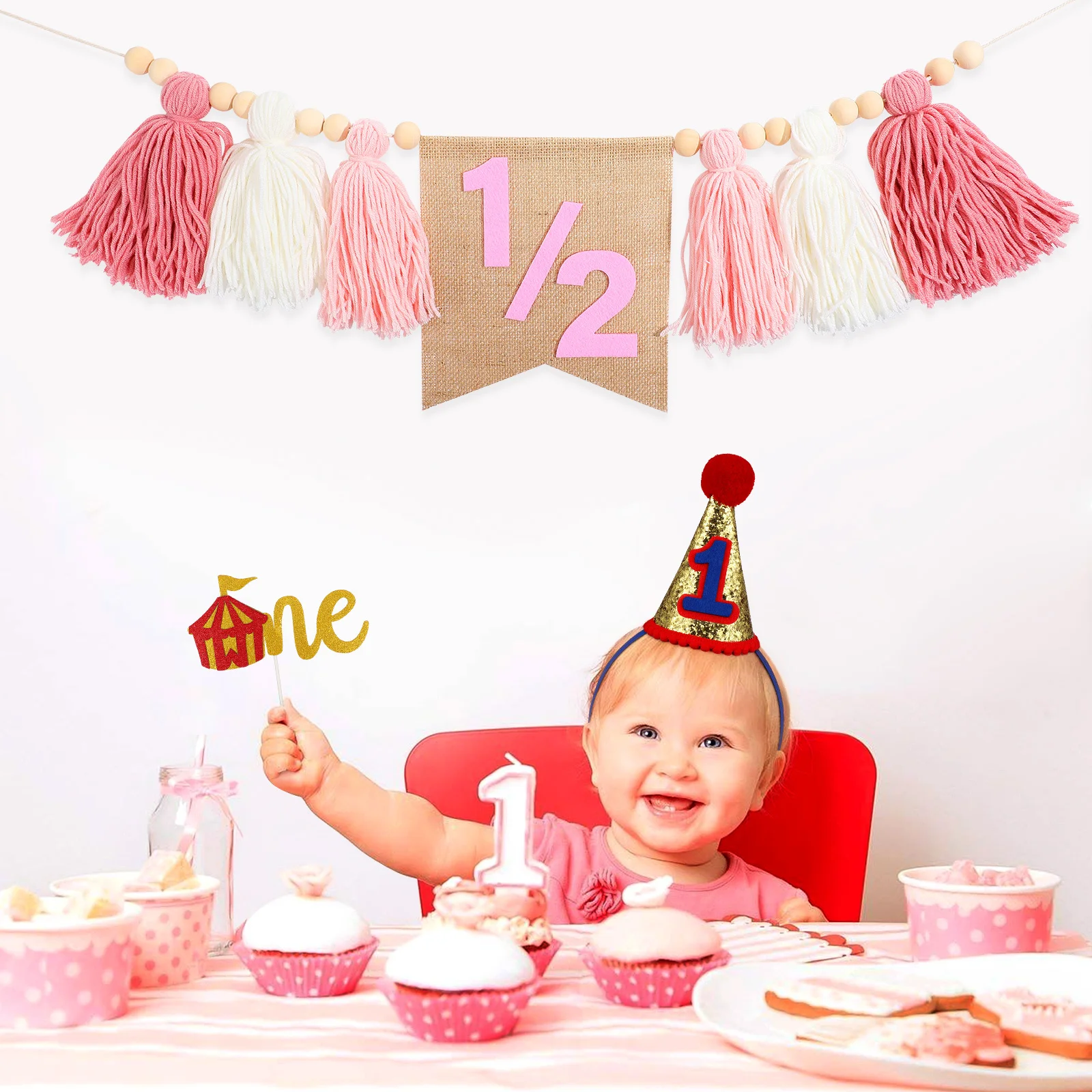 

Half Birthday High Chair Banner Polyester Fabric Tear Resistant Birthday Decorations for Boys Girls Party Supplies