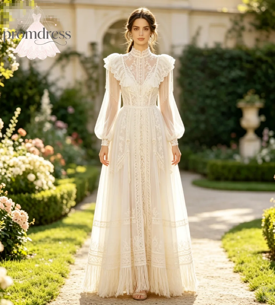 Enchanting Crochet Bohemian Wedding Dress Bishop Sleeve Fringe Tulle Boho Bridal Dresses 2026 Fairytale Elven Garden Elopement