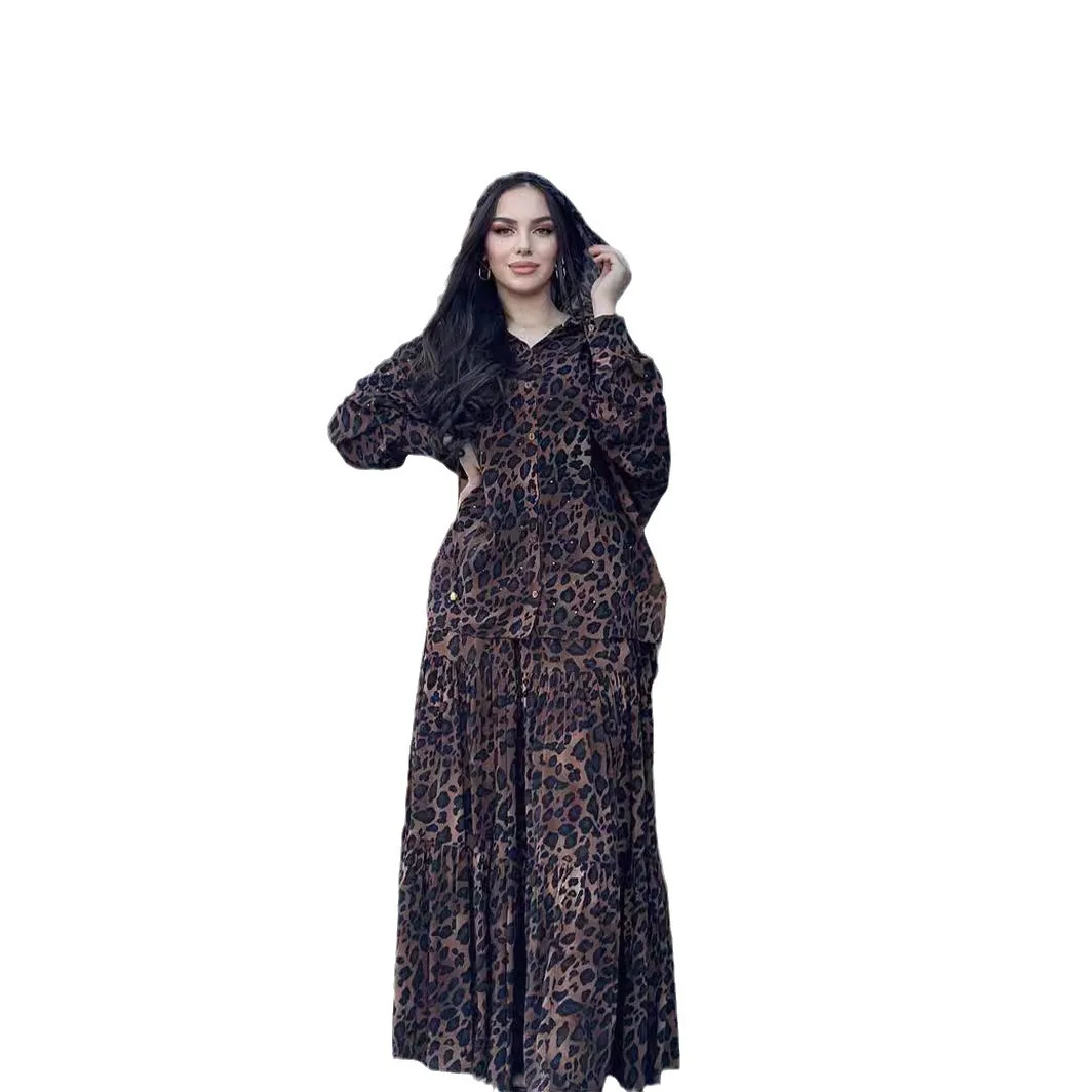 Muslim Two Pieces Set Women Dubai Dress Buttons Tops Skirt Suits Abaya Arab Kaftan Islam Leopard Print Outfits Turkey Jalabiya