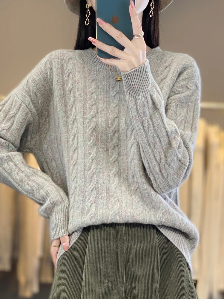 

Женский свитер с круглым вырезом, толстый, в стиле ретро, жаккардовый, 100% мериносовая шерсть, вязаный, осенне-зимний, с узором косы, однотонный, женские топы