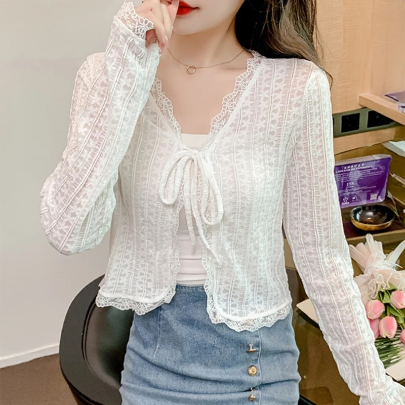 

Женский укороченный кардиган с кружевной отделкой и завязкой спереди, кружевной топ с длинными рукавами, женский топ с цветочным принтом, весенне-летний пляжный наряд для отдыха