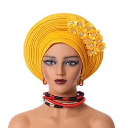 2024 New African Headtie Turban Nigeria Head Ties with Flowers Already Made Auto Gele Women Head Wraps for Wedding Party Cap Hat