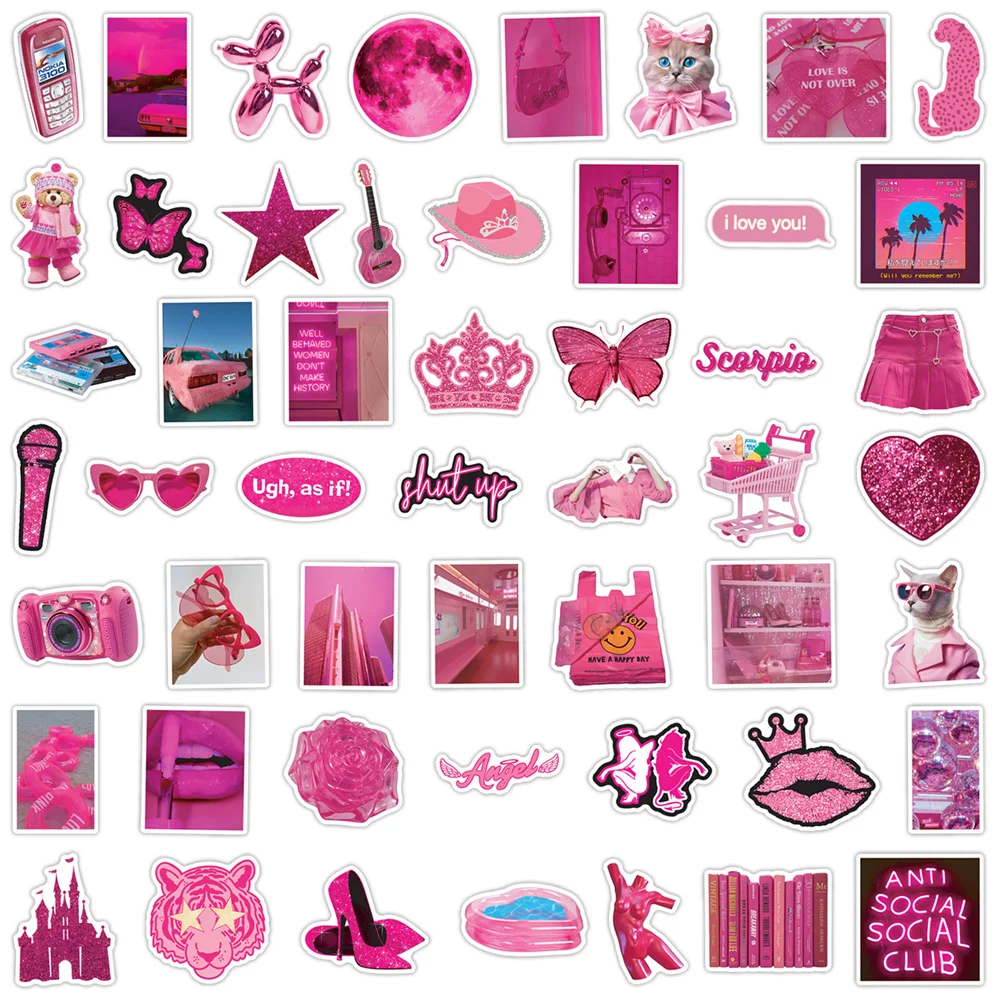 50pcs Ins Girl Pink Stickers For Cup Scrapbook Phone Guitar Suitcase Sticker Scrapbooking Material Vintage Craft Supplies