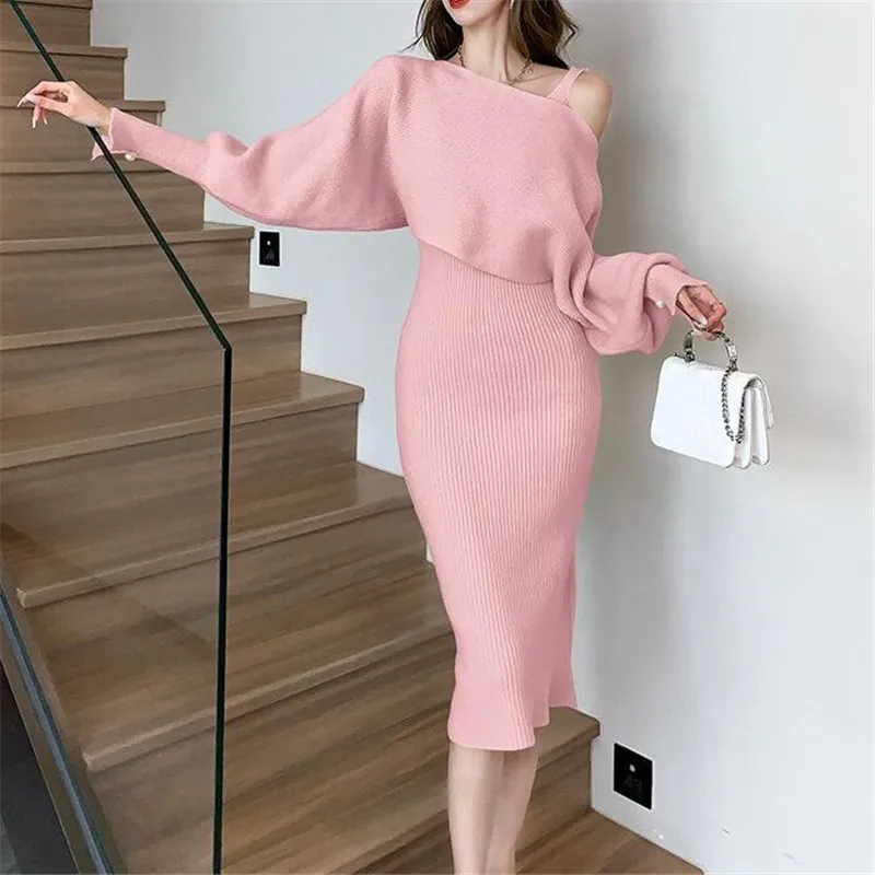 

2024 New Knitted Women's Autumn/Winter Sweater Stacked Strap Skirt Women's Two Piece Set Long Sleeve Fashion Off Shoulder Dress