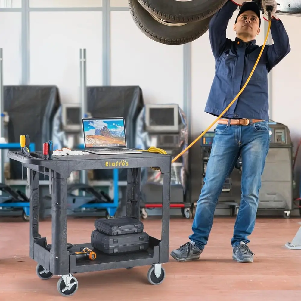 عربة أدوات بلاستيكية قوية بطبقتين، سطح مسطح 37 × 18.8، عجلات دوارة وثابتة، سعة 550 رطل، عربة بريد، رمادي #5