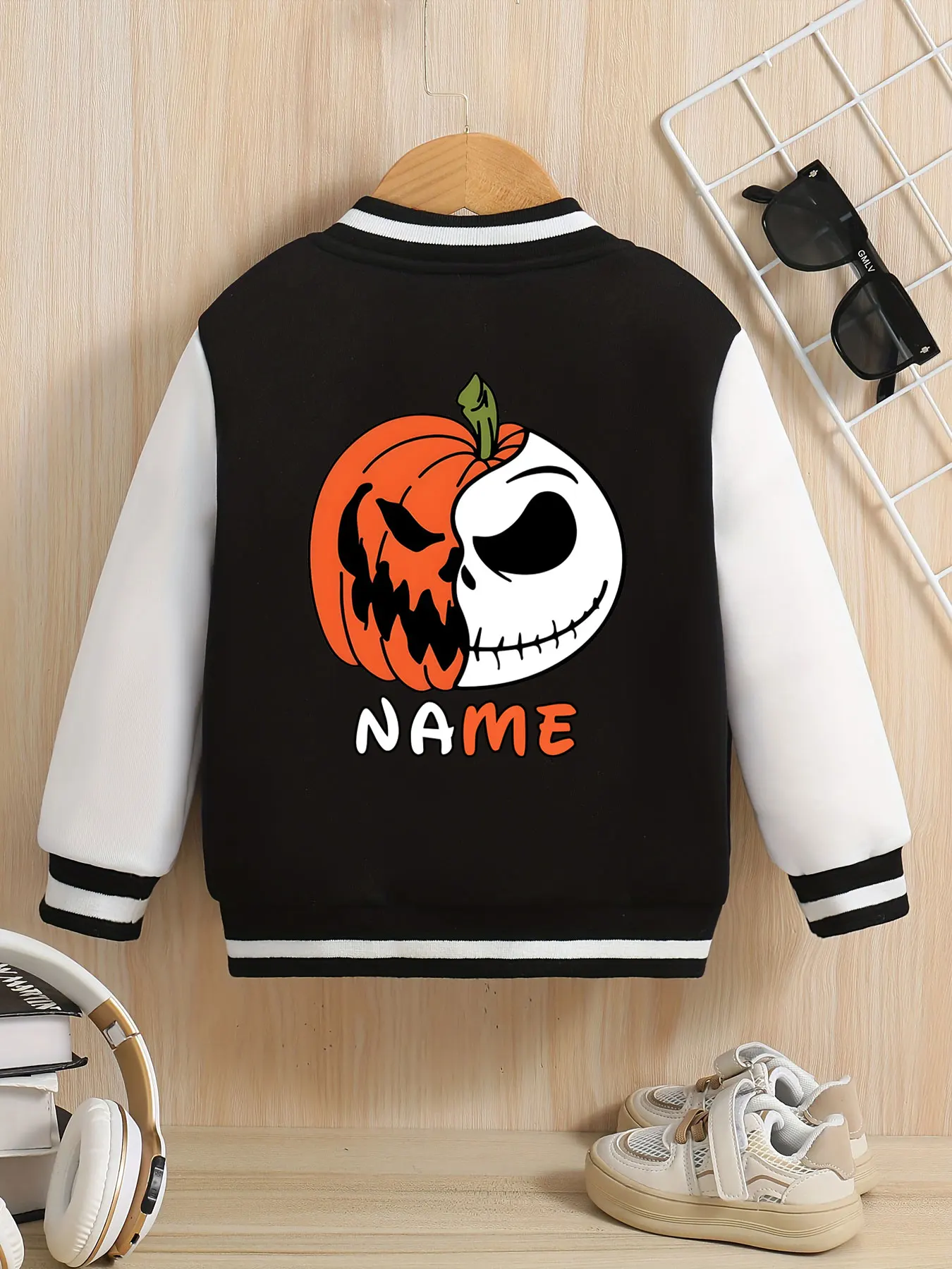 سترة بيسبول مينيسو ديزني كابوس قبل عيد الميلاد على شكل جمجمة اليقطين للأطفال - صورة مرقعة على شكل اليقطين والجمجمة هي كور