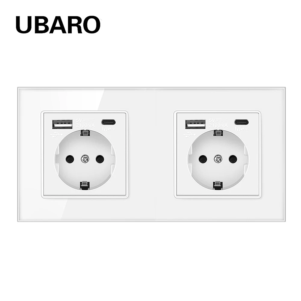 UBARO EU Standard Double Type C Socket With USB White Crystal Tempered Glass Panel Power Outlet Combination 100-250V 16A Plug