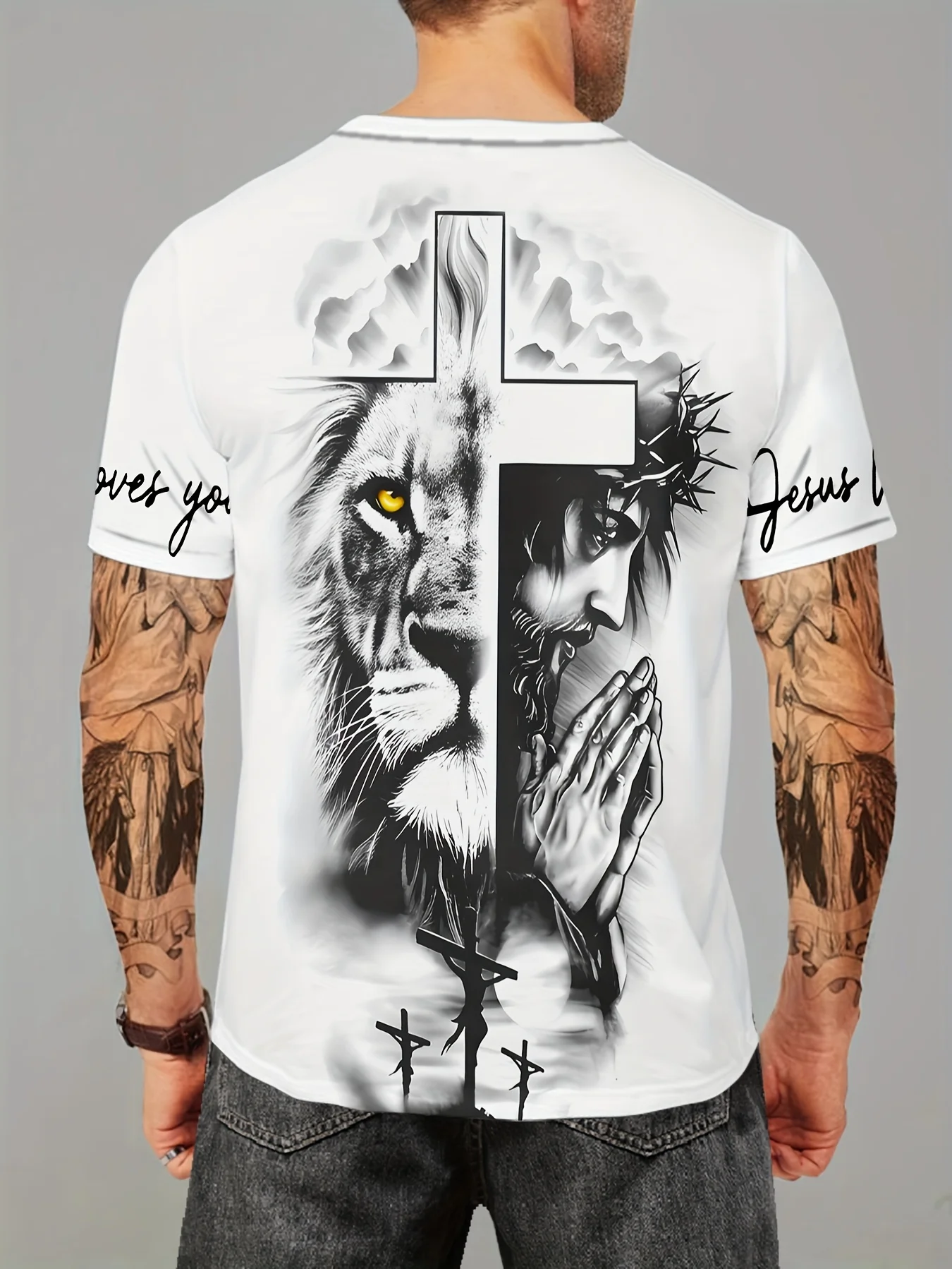 Men 3D Digital Print Graphic T-Shirt Crew Neck Short Sleeve Tee with Lion & Praying Hands Design, 