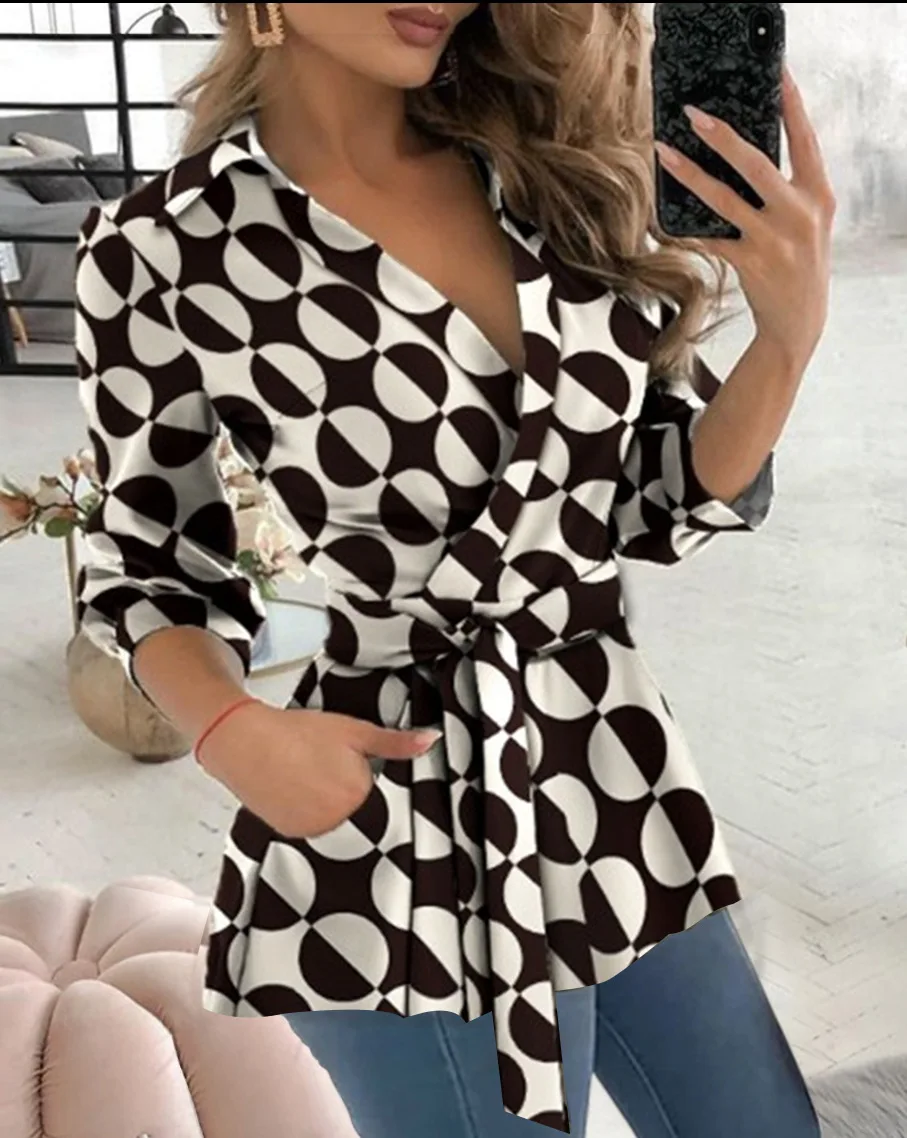 Femme Blouses 2025 Spring/Summer Commuter Elegant Long Shirt Fashion New Printed Solid Color Top Long Sleeved Lapel Belt Shirt