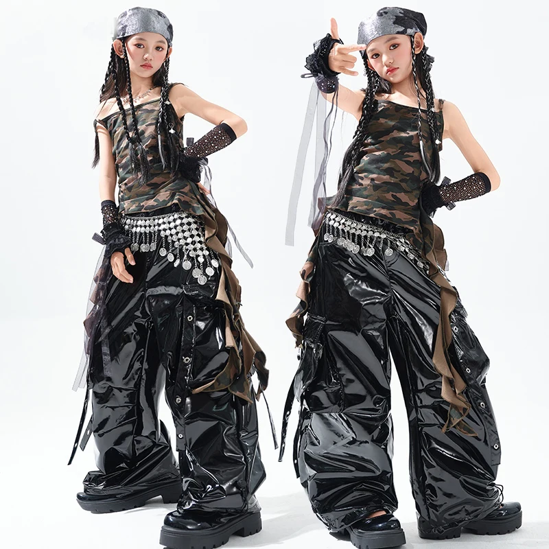 新しい女の子ジャズダンス衣装迷彩ベストレザーパンツ子供社交ダンス服子供ヒップホップ服 SL13552