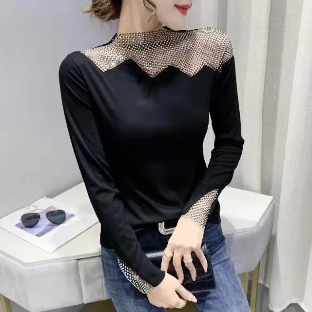 Summer European Clothes Lady Hollow out Blouse Shirts Chic Sexy Patchwork Shiny Diamonds Women Tops Long Sleeve Tops