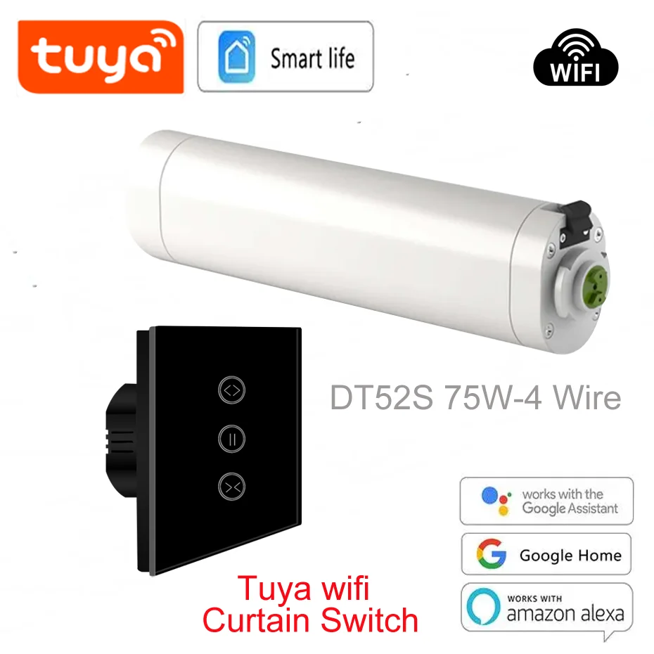 Dooya DT52S 75W 4 wire Curtain Motor+Tuya app wifi Touch Curtain Switch,Alexa/Google Home Smart Voice Control,Smart life app