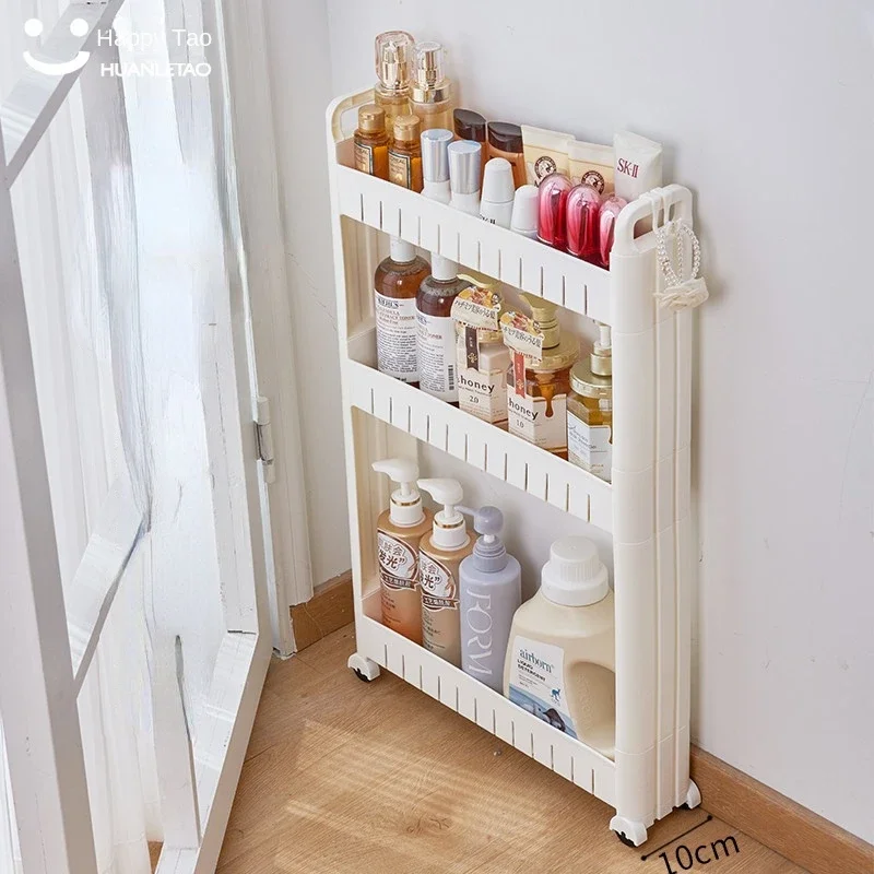 Layered Bathroom Organizer - Narrow Kitchen and Toilet Shelving, Space Saver Floor Mobile Unit, Portable Storage Rack