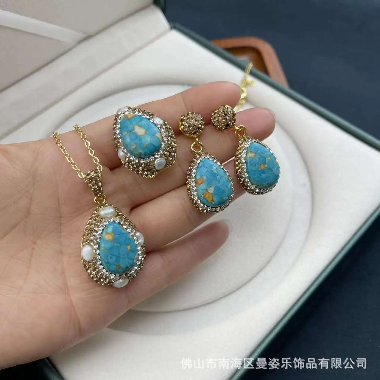 DIY accessories New cloisonne turquoise inlaid pearl set New Chinese retro jewelry Original design Pottery clay inlay