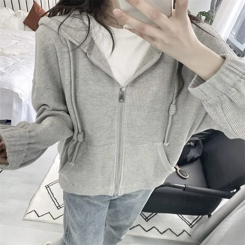 Spring Autumn Women's New Spliced Hooked Drawstring Zipper Pocket Screw Thread Fashion Solid Loose Casual Long Sleeve Coat E3016