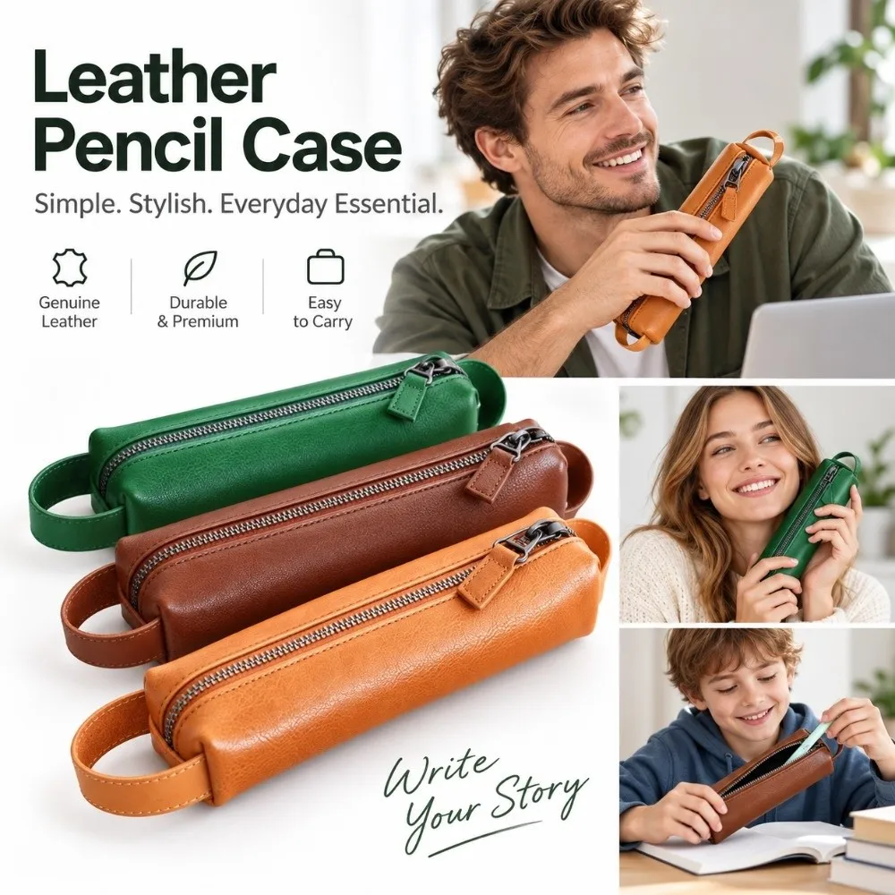 Portable PU Leather Pen Pouch Wrist Loop Zipper Closure Pencil Case Waterproof Single Compartment Storage Box Student
