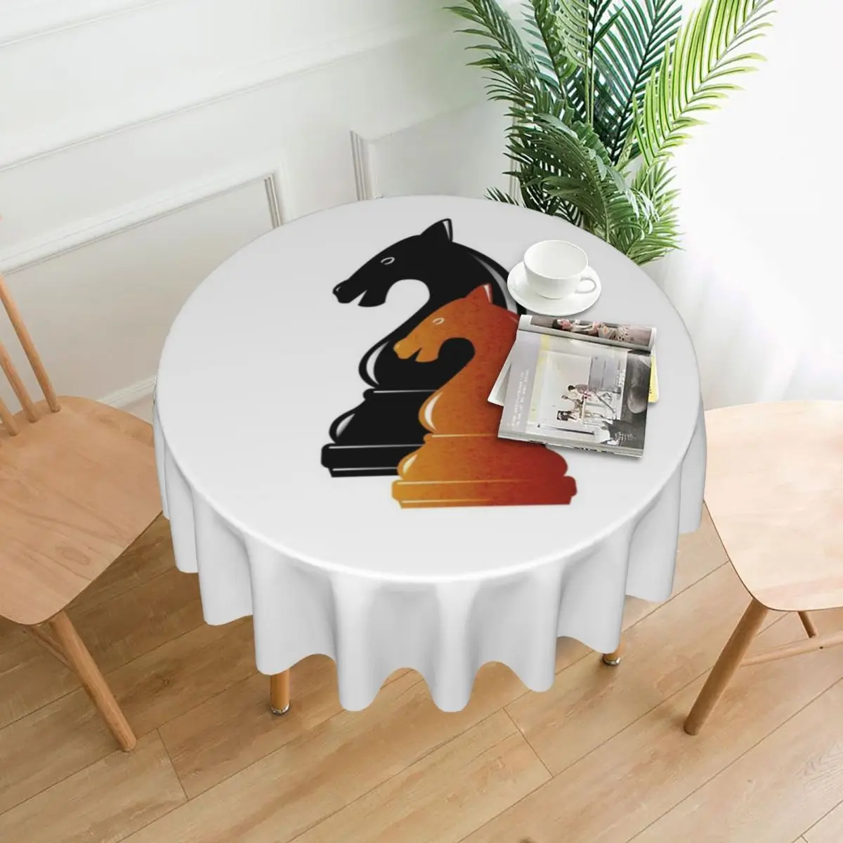Chess Horse Waterproof Round Tablecloth Oilproof Table Cloth for Kitchen Events Dining Table Cover 60 inches