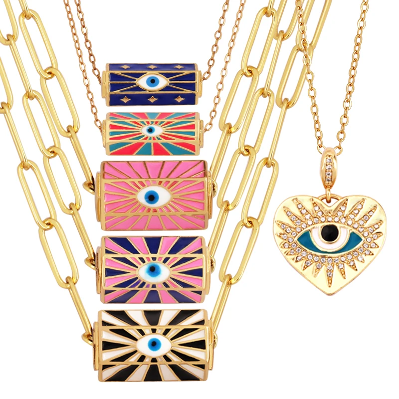 Evil Eye Lucky Alisman Amulet AMOUR LOVE Lucky Enamel Colourful Charm Focal Necklace,Fashion Bohimian Jewelry L24