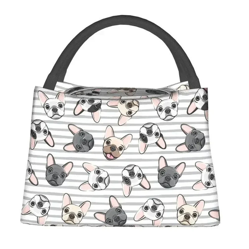 

Custom Grey Stripes Cute French Bulldogs Insulated Lunch Bags for Frenchies Pet Dog Resuable Thermal Cooler Bento Box Camping