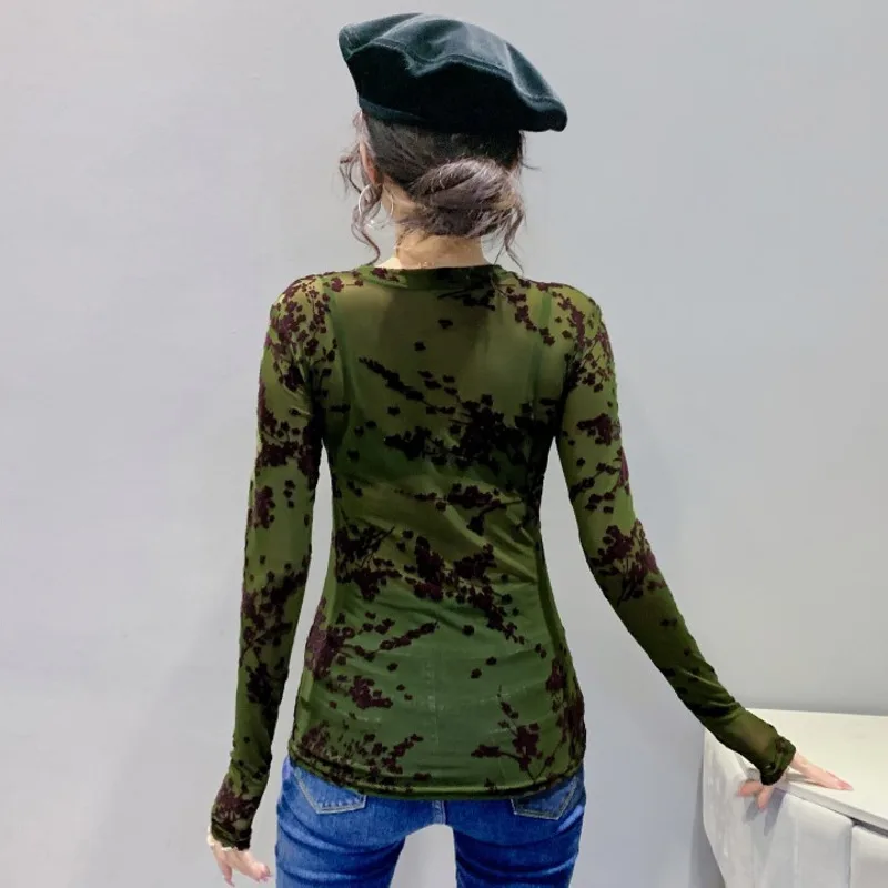 #7943 Khaki Green Skinny Perspective Mesh T Shirt Women Sexy Perspective T-shirt Femme Thin Long Sleeve Woman T Shirt O-neck