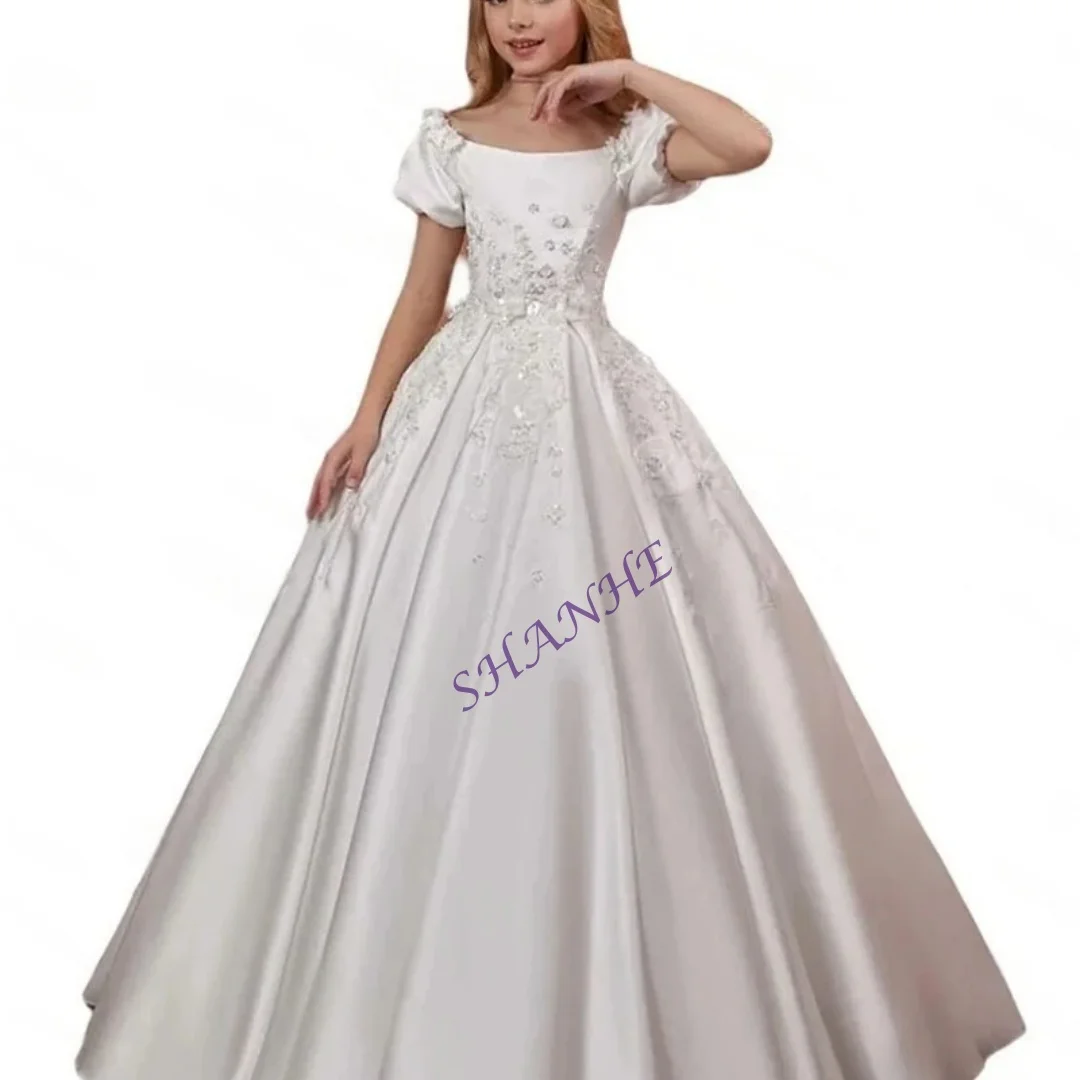

CustomizedElegant Appliqued Satin Flower Girl Dress Off Shoulder White First Communion Frock Customized Mini Bridal Wedding Part