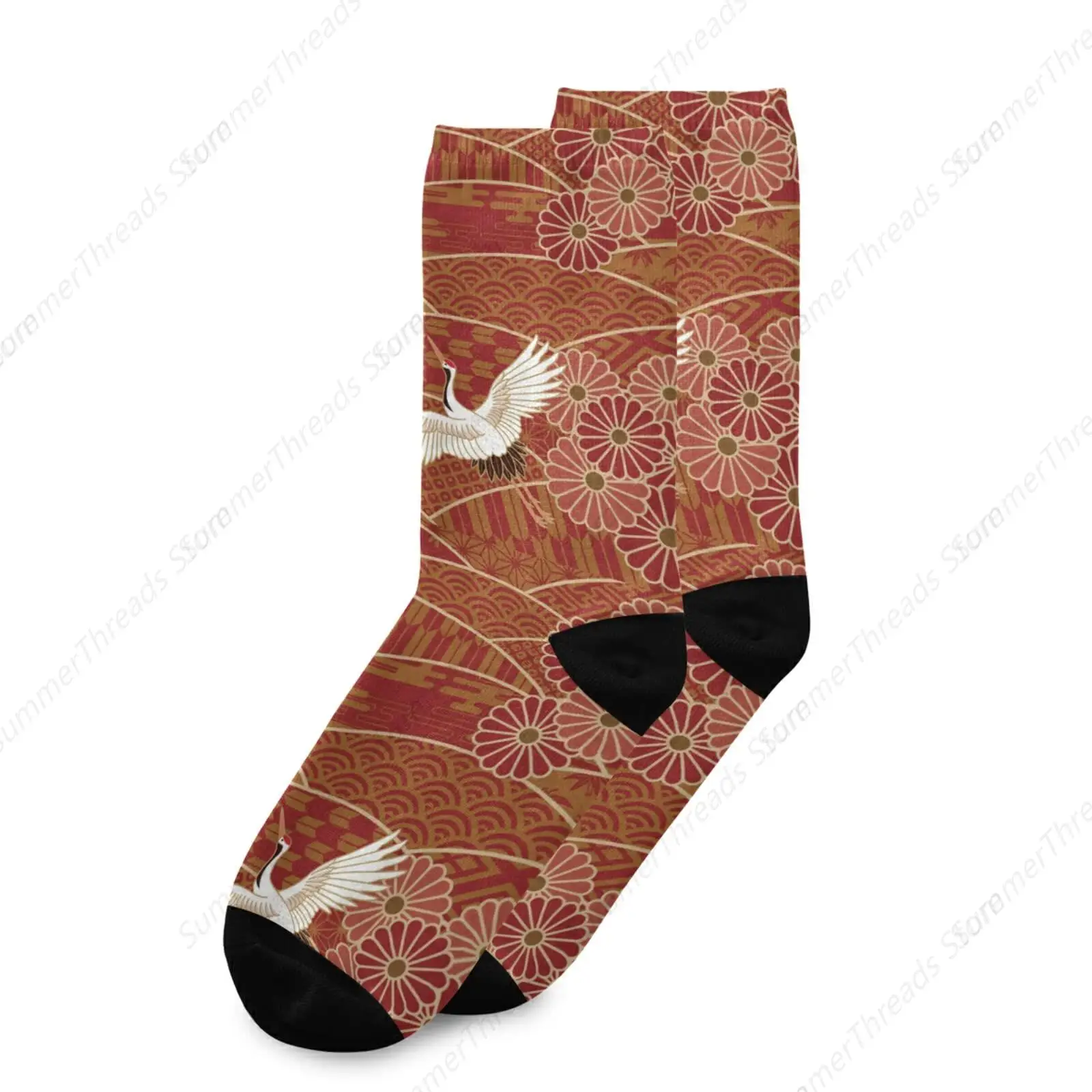 Japanese Traditional Waves Two White Cranes Chrysanthemum Flowers Unisex Long Casual Socks Athletic Crew Socks for Women Men