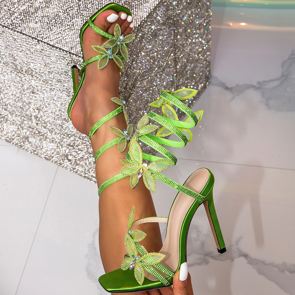 Eilyken-Elegant Design Crystal Butterfly-Knot Ankle Strap Sandals para Mulheres, Sexy Toe Aberto, Fino Salto Alto, Stripper Party Bombas Sapatos