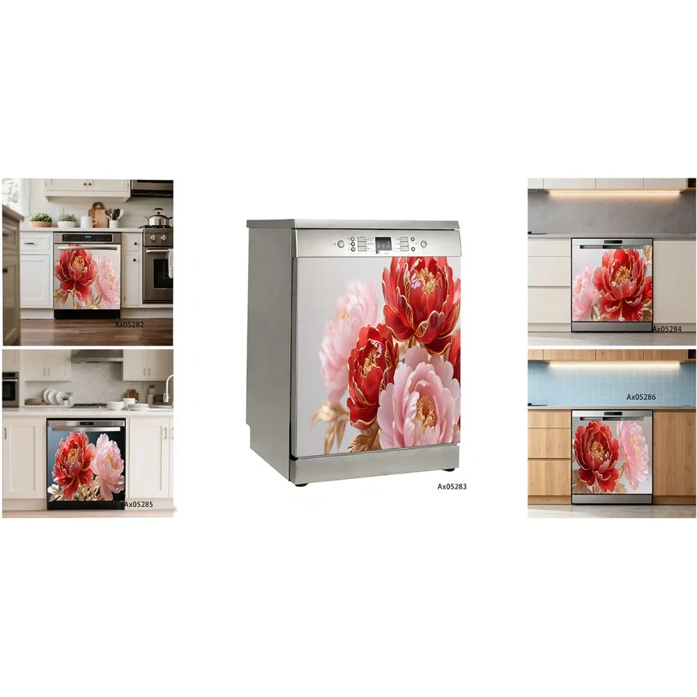 Elegant Golden Trim Peony Flower Dishwasher Sticker Full Door Wrap Wallpaper Customize Home Decoration Door Poster Stickers