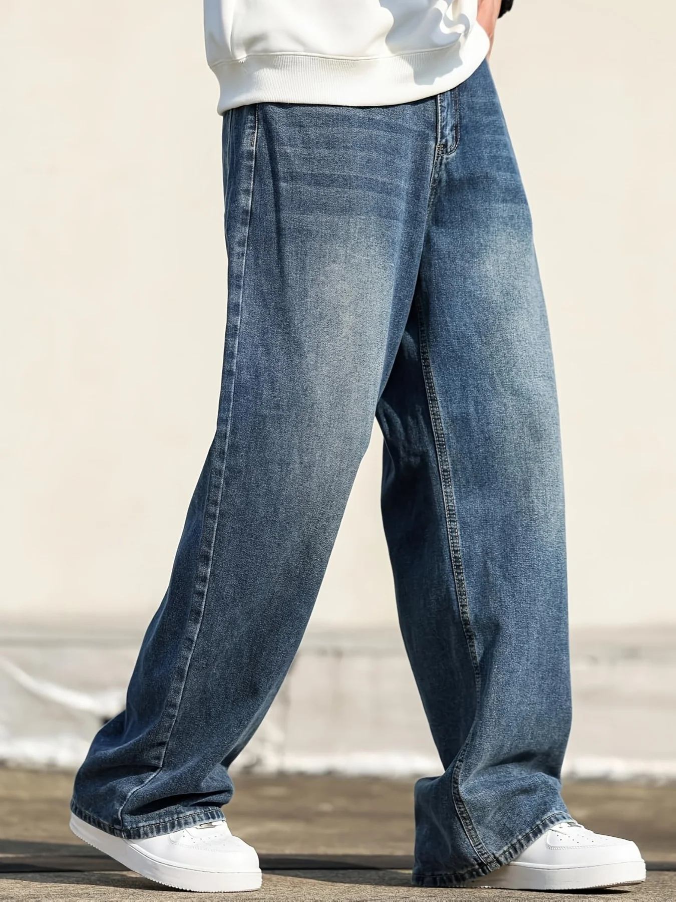 Men'S Casual Loose Fit Vintage Denim Jeans Trendy Oversized Wide-Leg Pants with a Relaxed Look, Light Blue Washed Denim