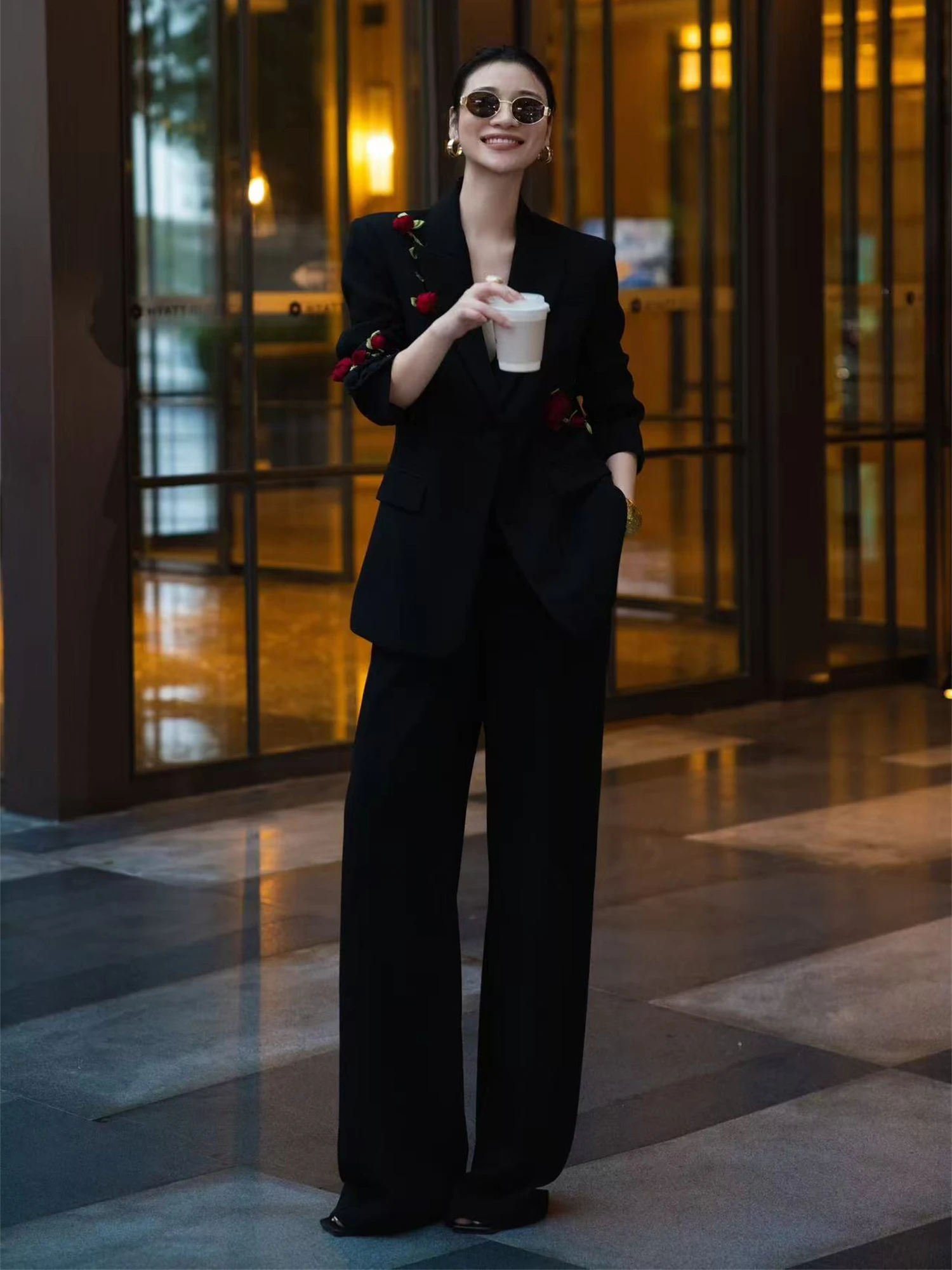 

Bla High-Defn Single-Breasted Suit Jaet Loose Fit with 3D Rose Decoration Commute Sle Casual Busin Women's Wear