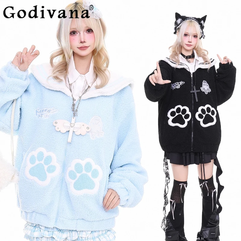 

Navy Collar Lamb Wool Cotton Jacket for Women Winter Warm Thick Cute Fluffy Parkas Female Japanese Style Sweet Parkas Coat