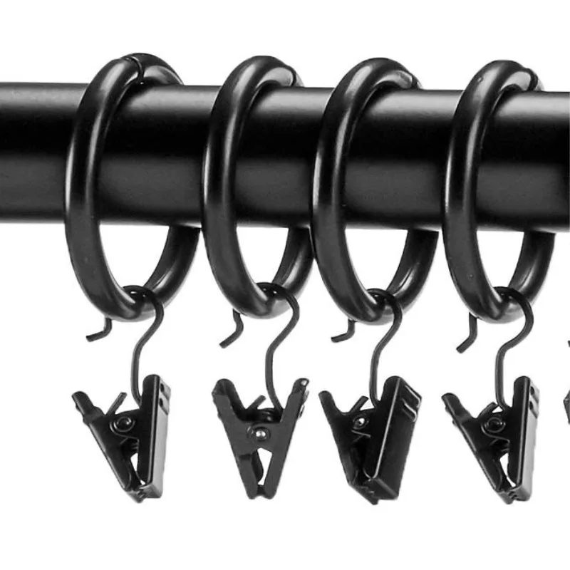 20/40pcs Black Roman Rod Curtain Rings with Clips Removable Bed Curtain Fixing Hooks Replacement Clips for Window Drapes