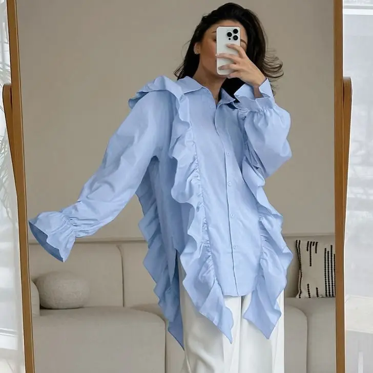 Blouses High Quality Ruffled Long Sleeve Fashion Pink Shirts For Women Chic Casual Blue Shirts 2024 Elegant Solid Loose Blouses