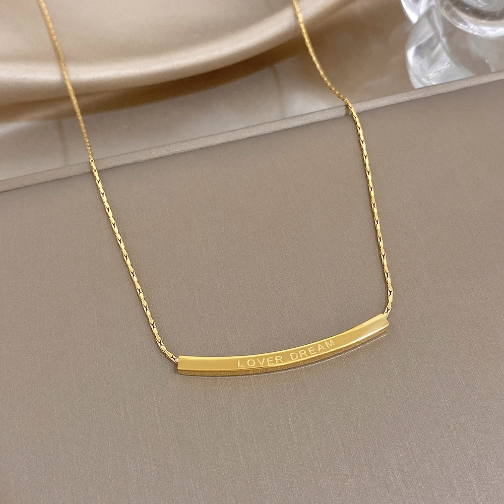 

Freetry Simple Carved Text Metal Tube Stainless Steel Necklace for Women Golden Waterproof Necklace Valentine's Day Jewelry Gift