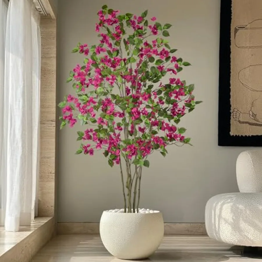 Árbol Artificial de Buganvilla Púrpura de 6 Pies con 270 Flores, Maceta Blanca, Planta Artificial Realista de Flores Grandes y Altas de 72 Pulgadas