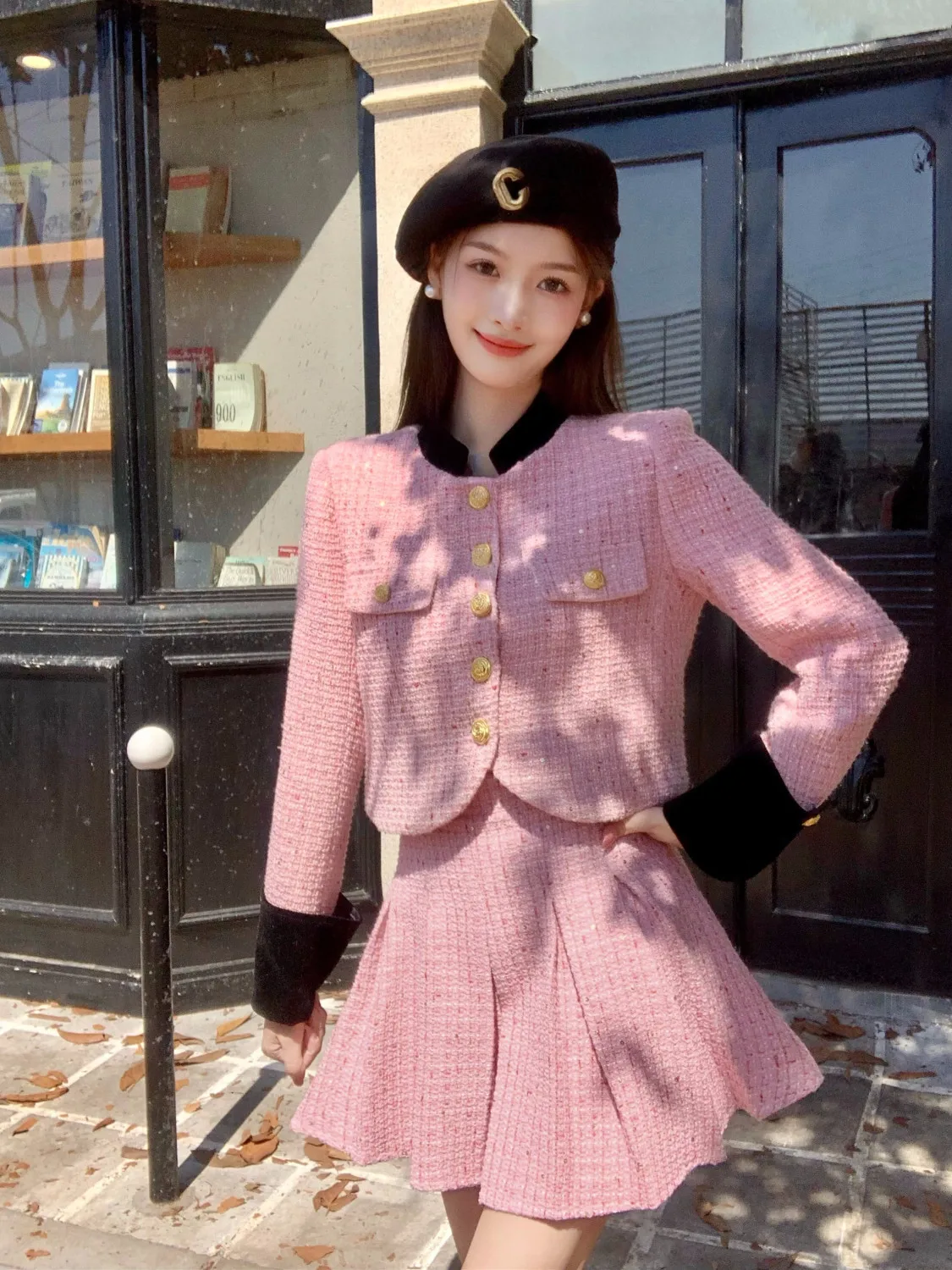 High-end Sense Tweed Women's Suit Jacket Skirt Spring and Autumn 2023 Fashion Short Long Sleeve Coat Pleated  Two-piece Set