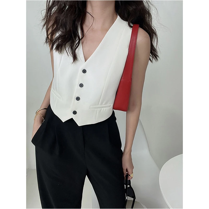 MEXZT Elegant Cropped Blazer Vest Women Vintage Black Suit Waistcoat Jackets Korean White Sleeveless Coat V Neck Outwears Tops