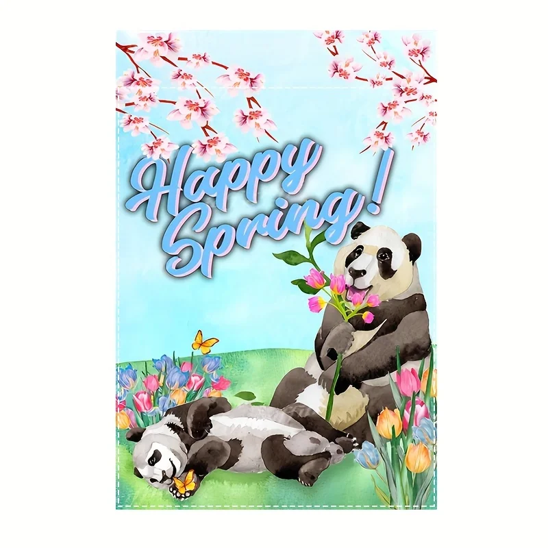 1pc Cute Panda Hello Welcome Garden Flag Spring Summer Animal Double Sided Printed Yard Flag Waterproof  Vertical Flag 12x18in