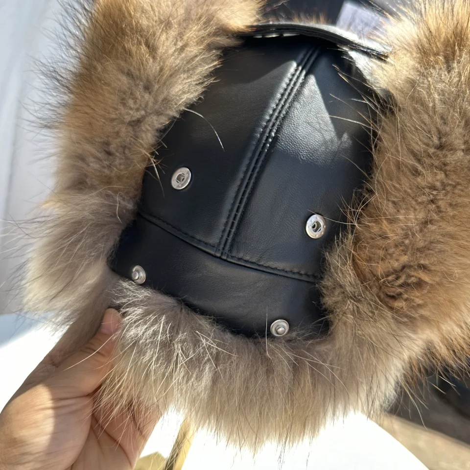 New 100% Genuine Fox Fur Ear-Protecting Hat Men Real Raccoon Fur Hat Women Winter Warm Fur Real Sheep Leather Snow Hat