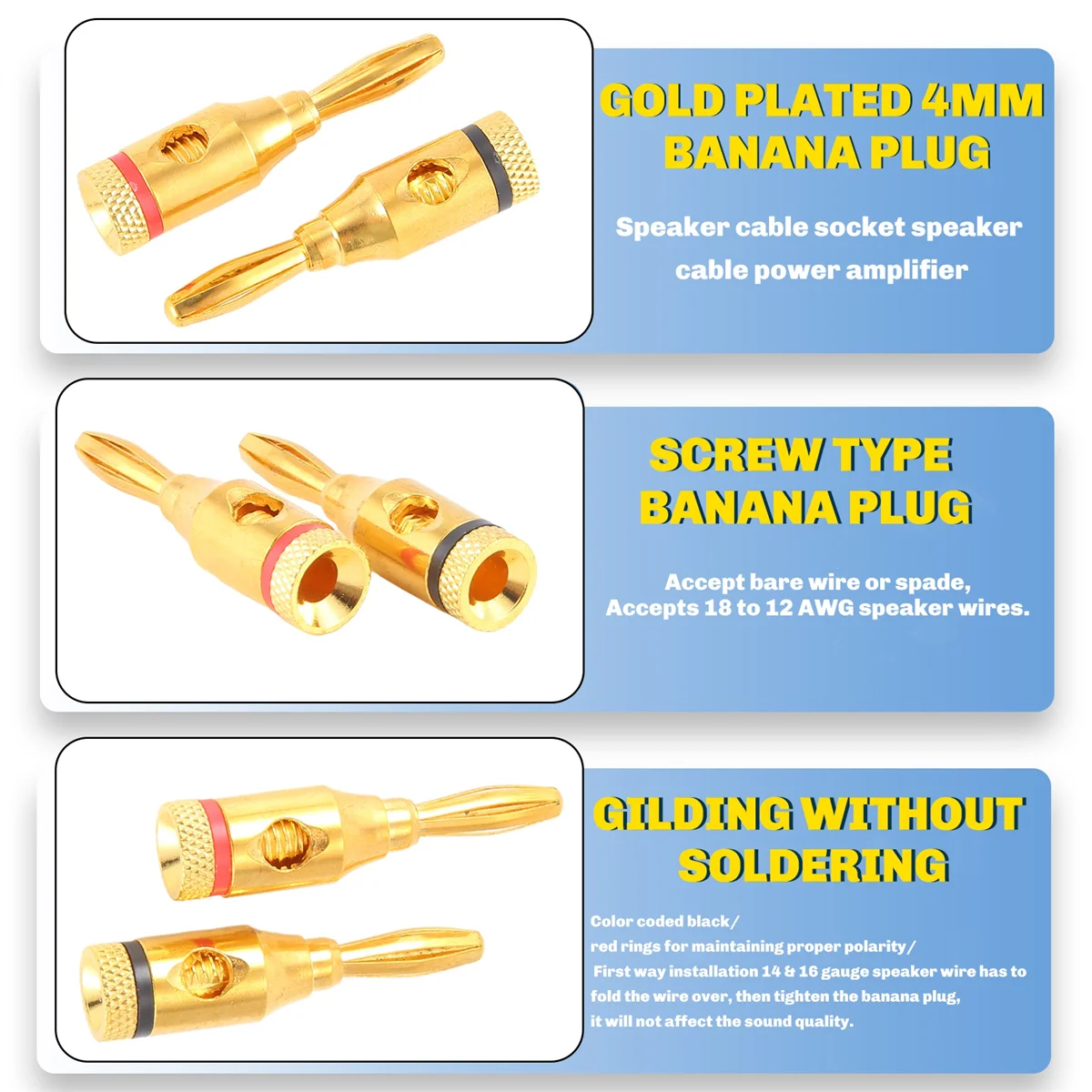 A16Z Gold-Plated Banana Plug or Connector (Open Screw Type) (6 Pairs (12 Plugs)) Audio Plug Speaker Wire Connector