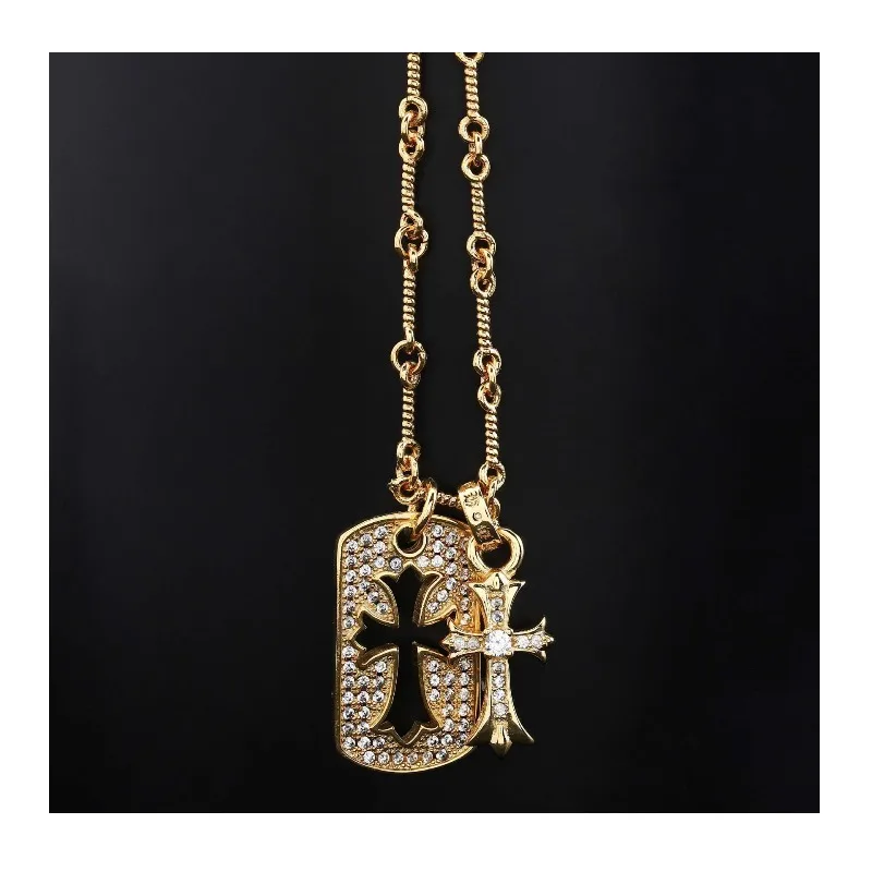 

Ожерелье с бриллиантами и крестом в стиле милитари, модное, унисекс, серебряное и золотое, в стиле хип-хоп, цепочка на ключицы, цепочка для свитера