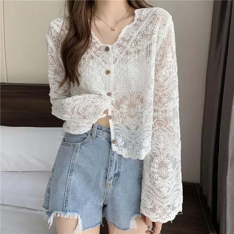 Hollow Mesh Cardigan Knitwear V-neck Solid Lace Long-sleeved Openwork Button Bell Sleeve Top Cover-ups Blouse Women Cardigan