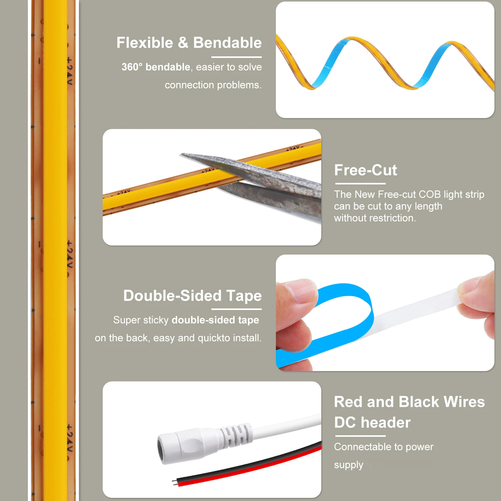 5mm COB LED 스트립 12V 24V 자유 절단 400LEDs/m 3000K 4000K 6000K 고밀도 유연한 LED 테이프 홈 룸 장식 TV 백라이트용