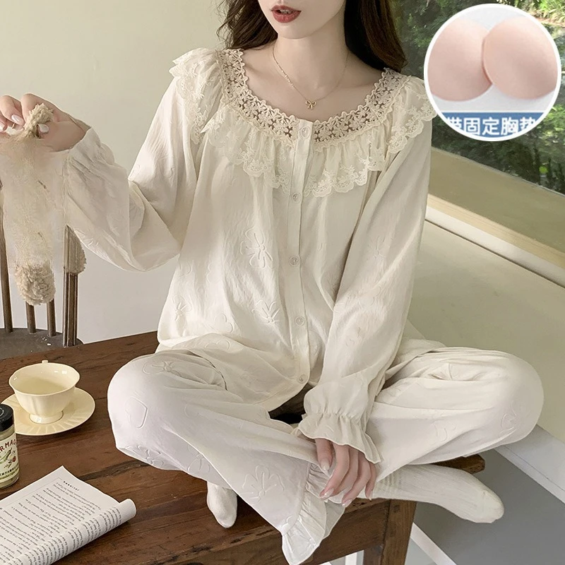 Neues Damen-Pyjama-Set mit Langen Ärmeln und Langer Hose, 2-teiliges Set mit Spitzenbesatz für Mädchen, Erwachsenen-Homewear, Lässige Nachtwäsche für Studenten